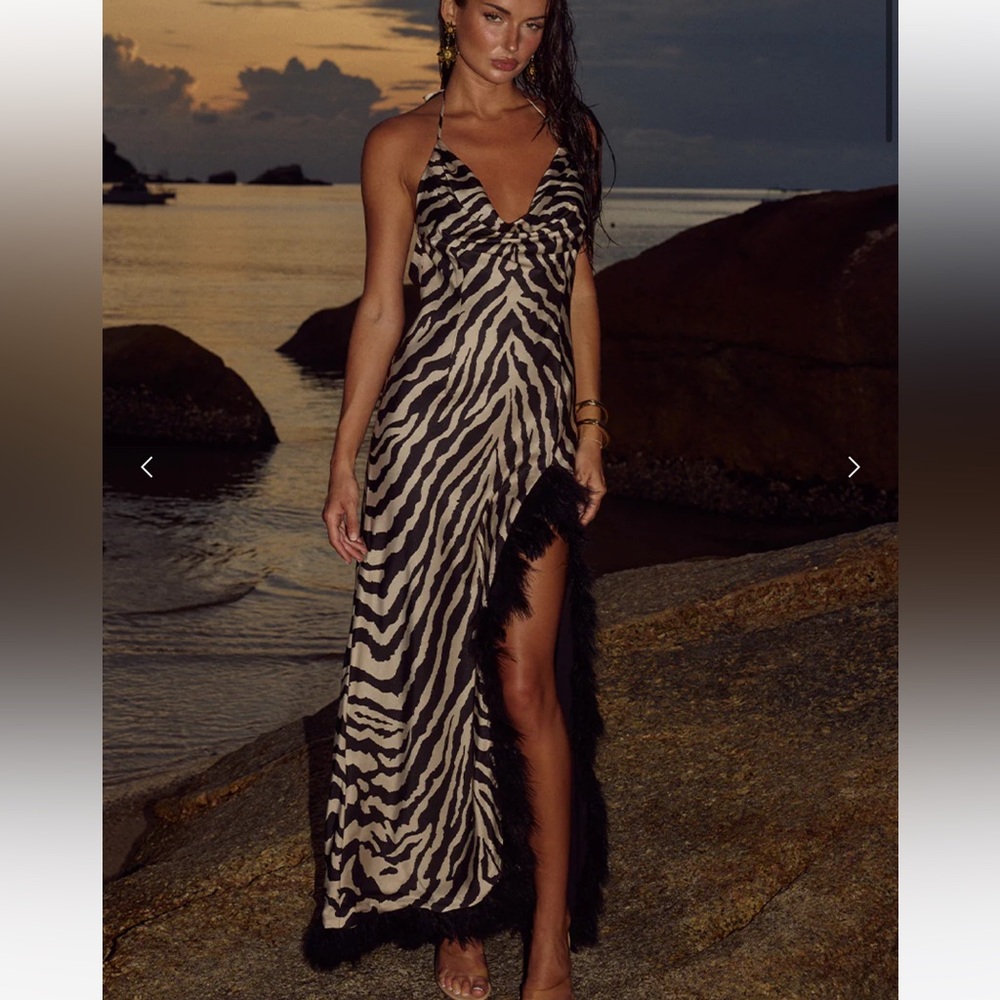 Runaway the Label Vanya Zebra Print Maxi Dress with Black Fringe